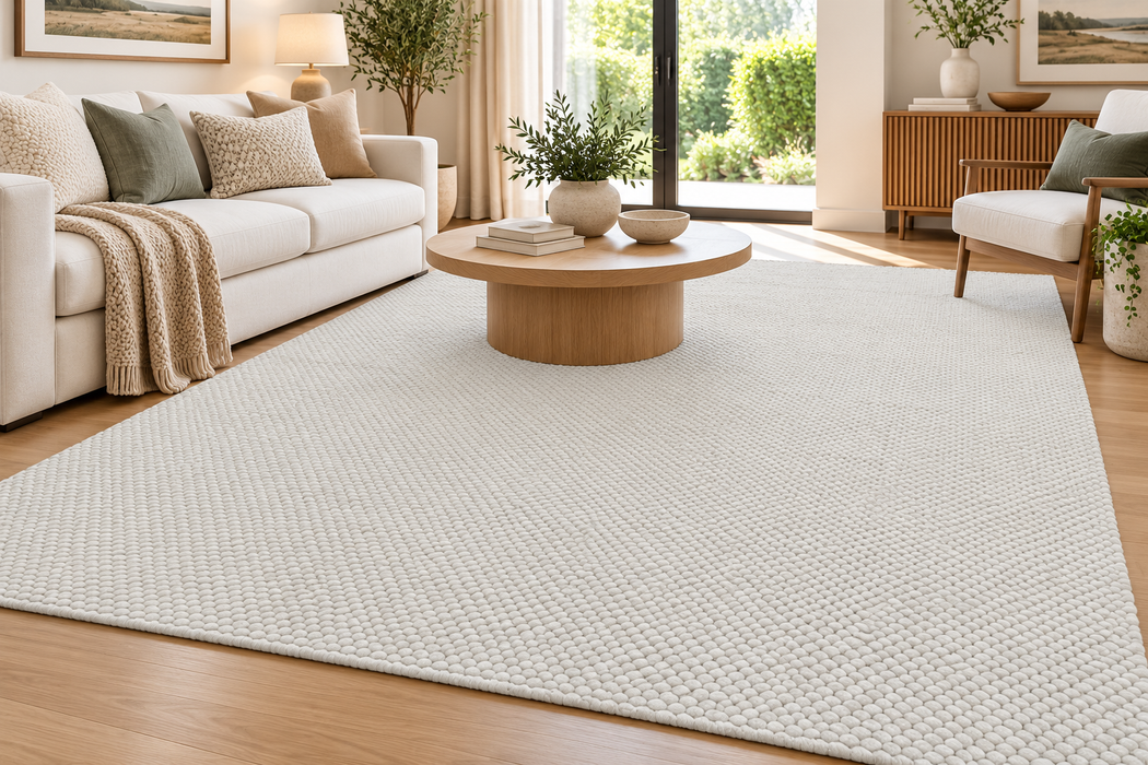 A large off-white textured area rug in a modern, sunlit living room with a white sofa, wooden coffee table, and light wood flooring.
