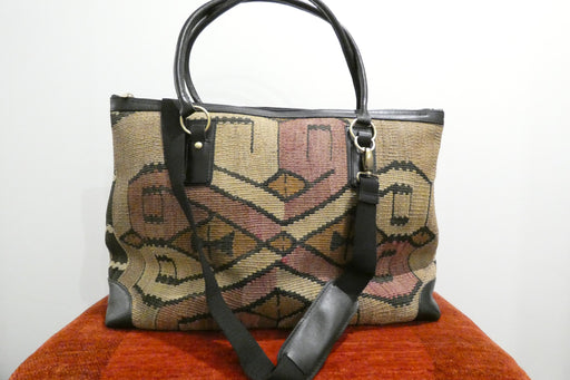 One-of-a-Kind Anatolian Kilim Leather Travel Bag "Gulan"- Rugs Direct 
