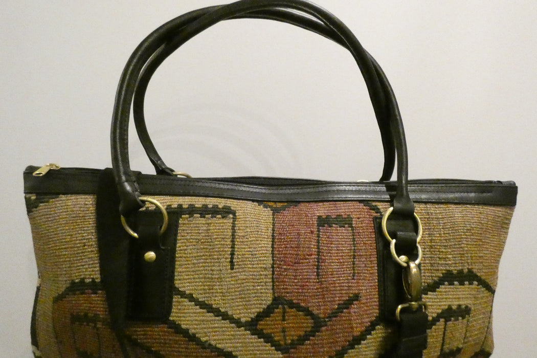 One-of-a-Kind Anatolian Kilim Leather Travel Bag "Gulan"- Rugs Direct 