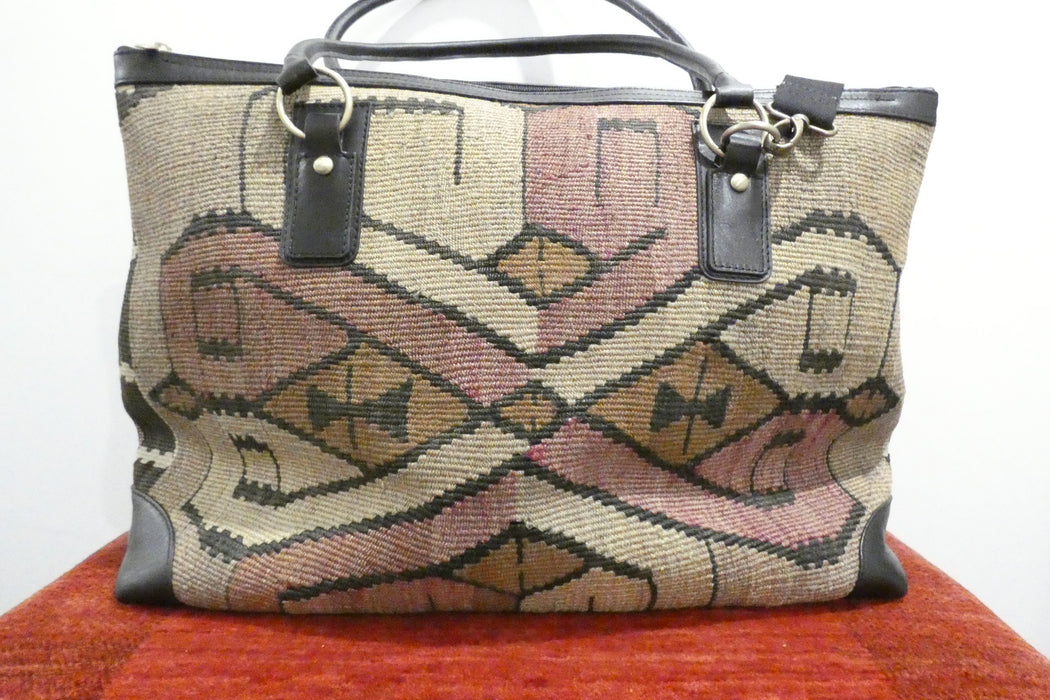 One-of-a-Kind Anatolian Kilim Leather Travel Bag "Gulan"- Rugs Direct 