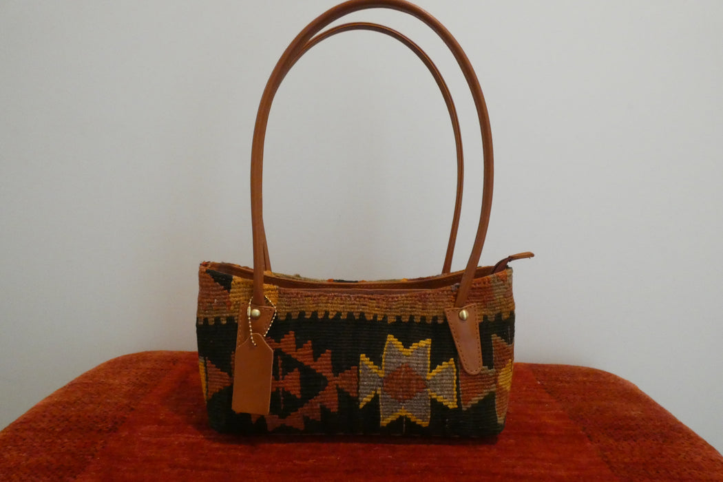 One-of-a-Kind Anatolian Kilim Leather Handbag with Adjustable Strap "Lale"-Rugs Direct 