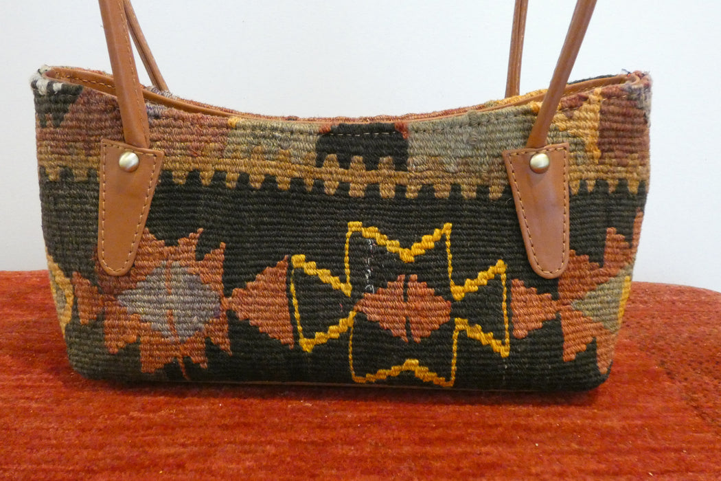 One-of-a-Kind Anatolian Kilim Leather Handbag with Adjustable Strap "Lale"-Rugs Direct 