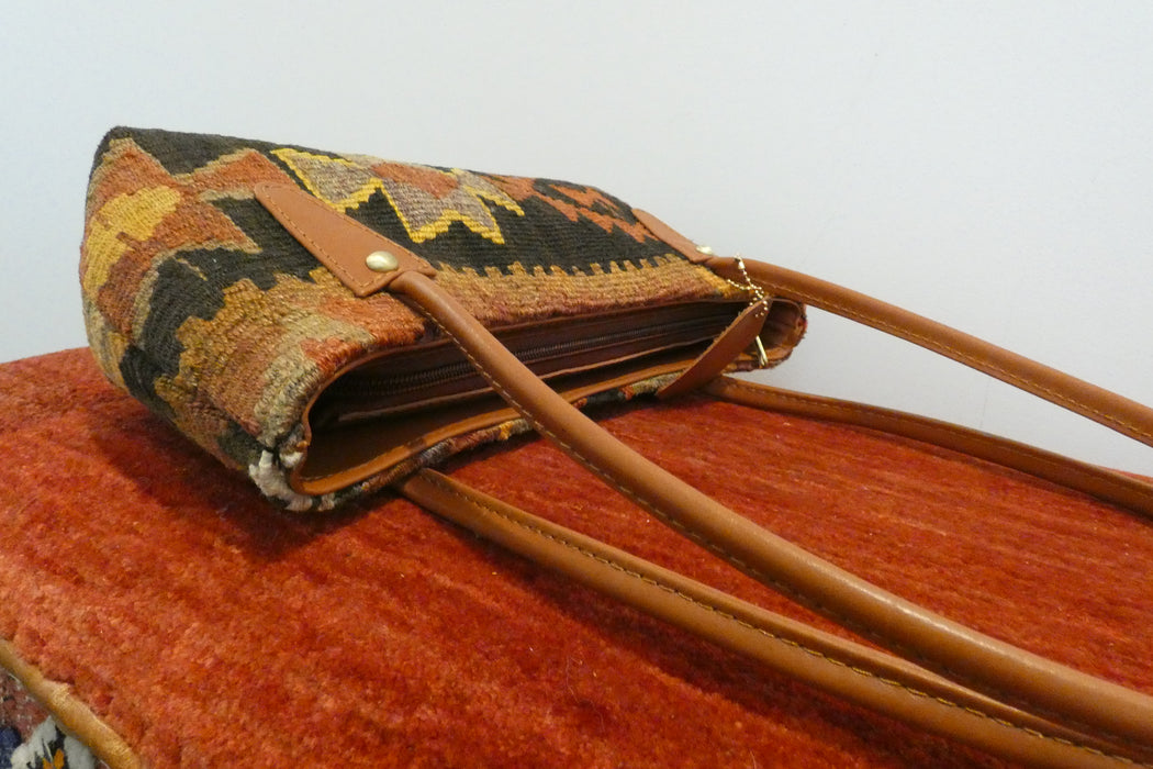 One-of-a-Kind Anatolian Kilim Leather Handbag with Adjustable Strap "Lale"-Rugs Direct 