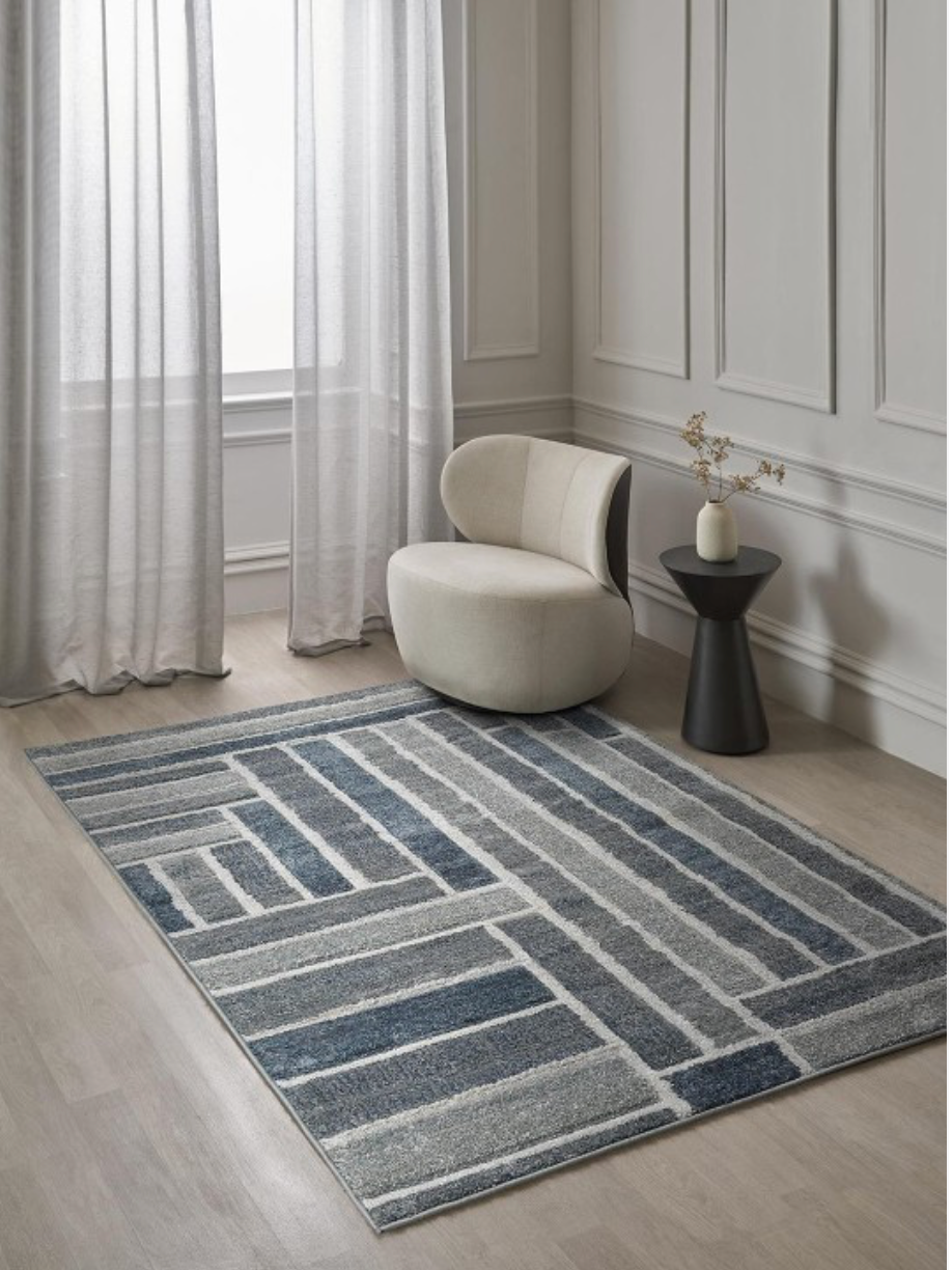 Kimya Collection Modern Geometric Rug in Blue and Gray – Structured Co ...