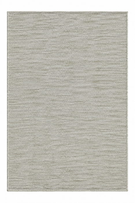 A rectangular area rug with a textured, heathered horizontal stripe pattern in light gray and beige tones.