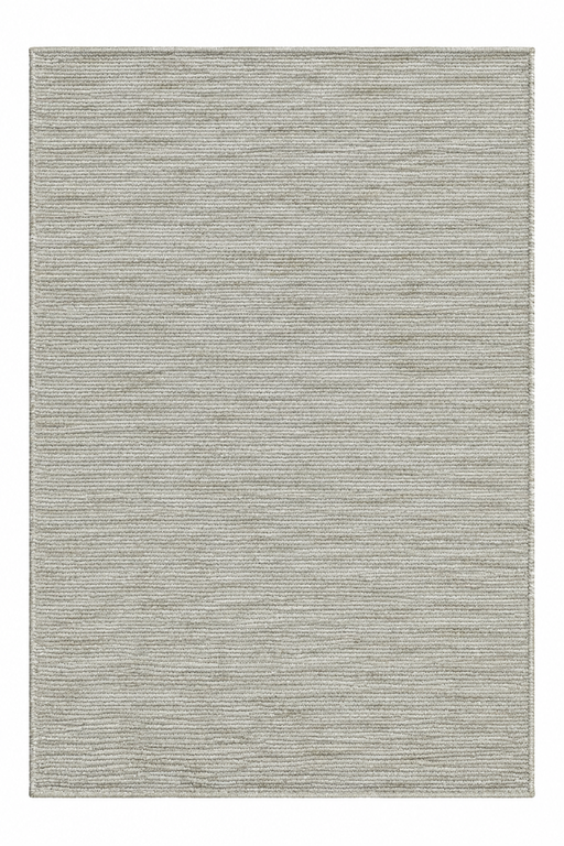A rectangular area rug with a textured, heathered horizontal stripe pattern in light gray and beige tones.