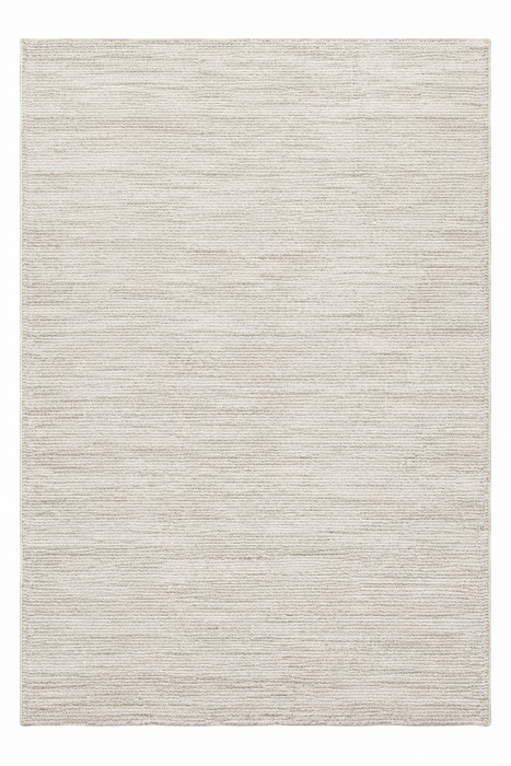 A rectangular area rug with a textured, woven horizontal pattern in a light cream and beige color palette.