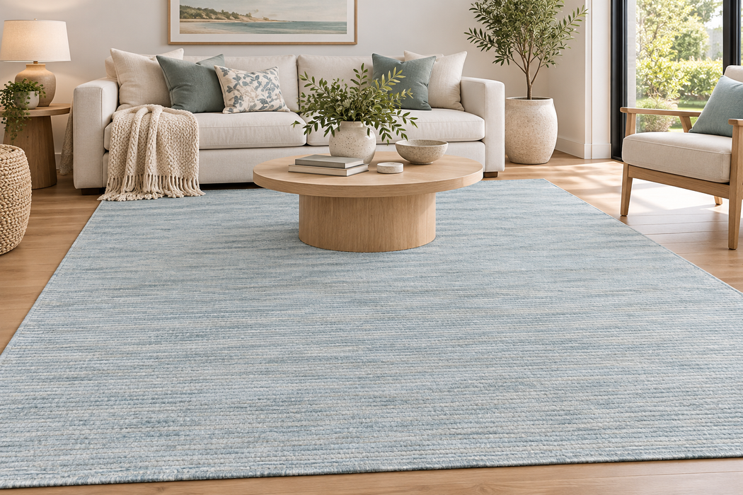 A large light blue textured area rug in a modern living room setting with a wooden coffee table, beige sofa, and potted plants.