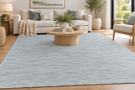 A large light blue textured area rug in a modern living room setting with a wooden coffee table, beige sofa, and potted plants.