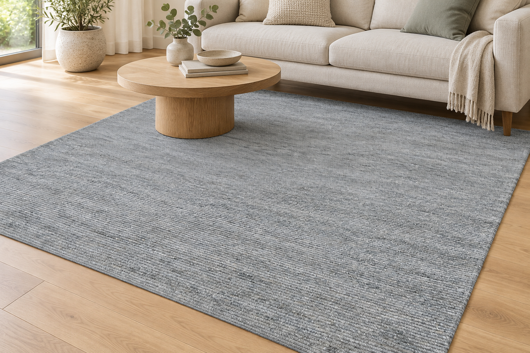 A large gray textured area rug laid out on a light wood floor in a modern living room setting with a beige sofa, round wooden coffee table, and neutral decor.