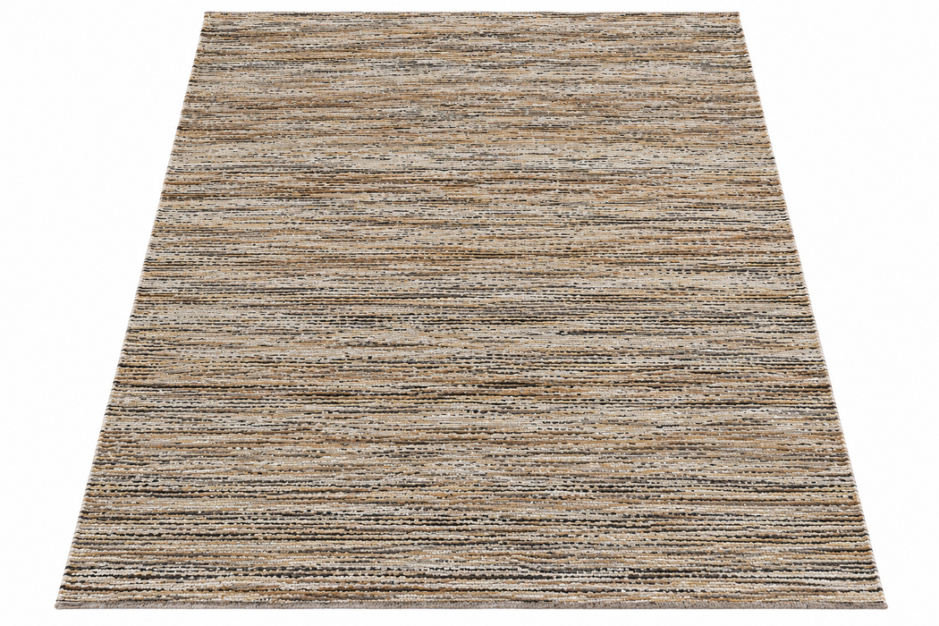 A rectangular area rug with a textured, horizontal striped pattern in shades of beige, brown, and gray, shown flat against a white background.