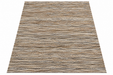 A rectangular area rug with a textured, horizontal striped pattern in shades of beige, brown, and gray, shown flat against a white background.