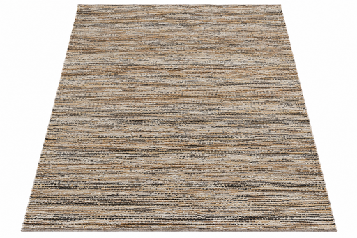 A rectangular area rug with a textured, horizontal striped pattern in shades of beige, brown, and gray, shown flat against a white background.