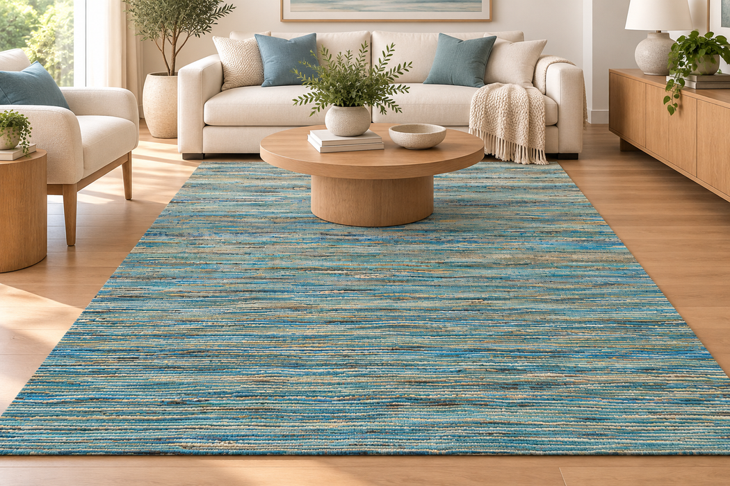 A large rectangular area rug with a textured, heathered blue and beige pattern, shown in a bright, modern living room setting with a wooden coffee table and neutral-toned furniture.
