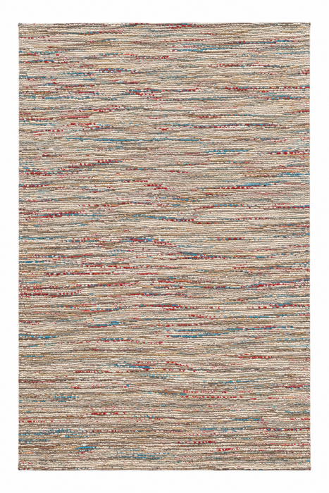 A rectangular area rug with a textured, hand-woven appearance featuring horizontal streaks of beige, brown, muted red, and light blue on a cream base.