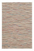 A rectangular area rug with a textured, hand-woven appearance featuring horizontal streaks of beige, brown, muted red, and light blue on a cream base.