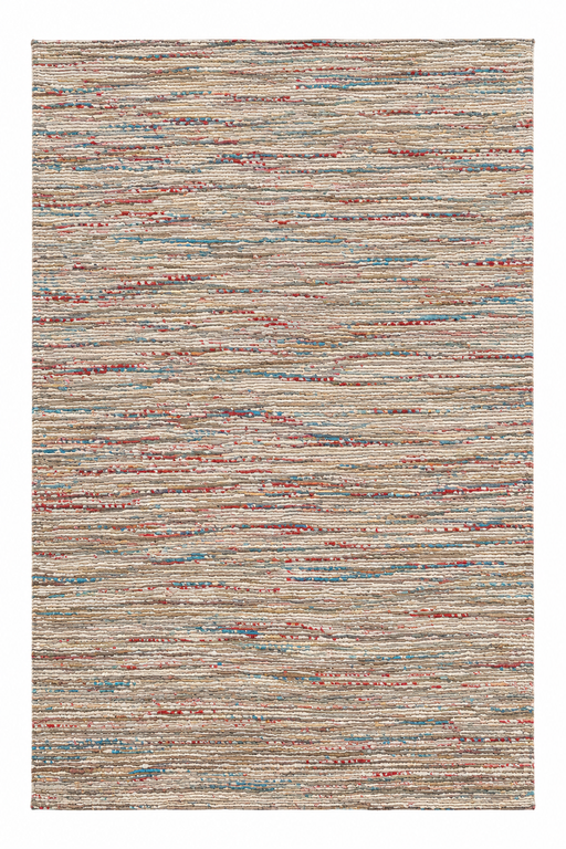 A rectangular area rug with a textured, hand-woven appearance featuring horizontal streaks of beige, brown, muted red, and light blue on a cream base.