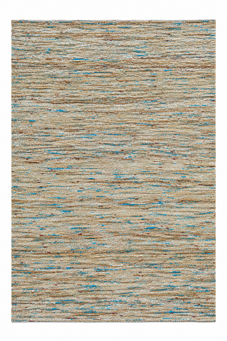 A rectangular area rug with a textured, heathered pattern in beige, brown, and light blue.