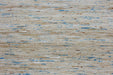 A close-up of a woven rug or textile with a textured horizontal pattern in natural beige, cream, and light blue.