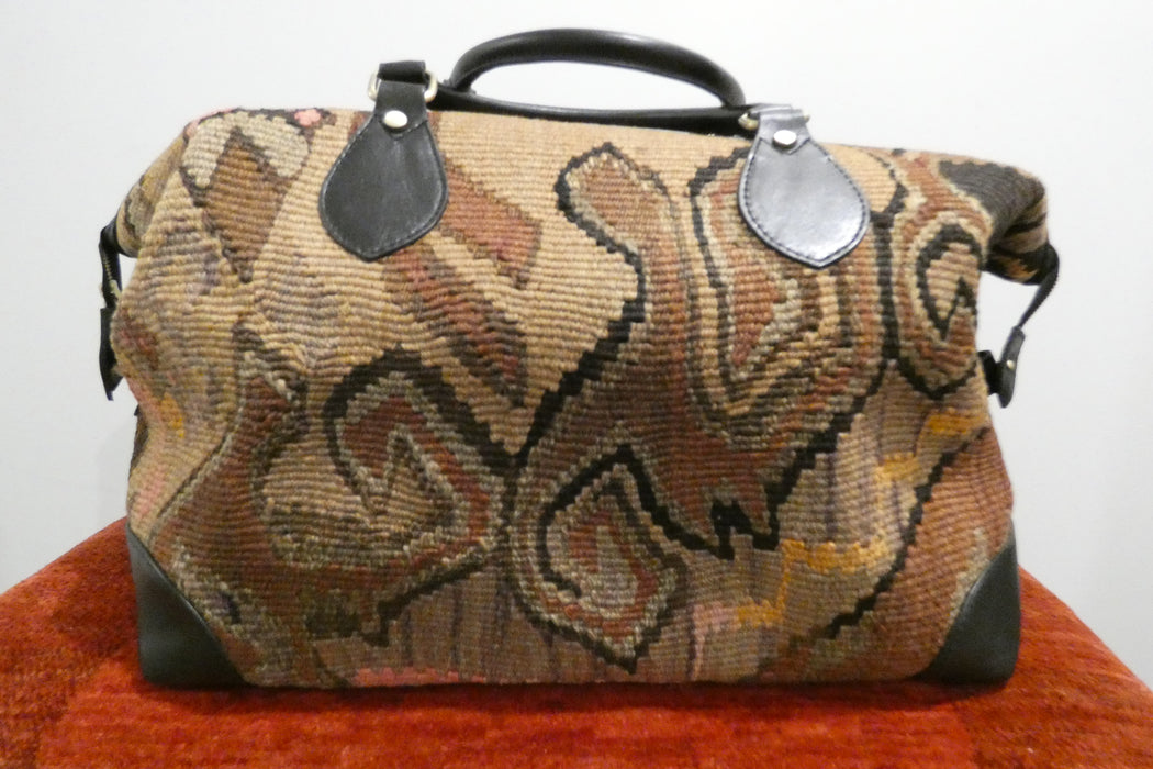 One-of-a-Kind Anatolian Kilim Expandable Leather Travel Bag "Mirza"- Rugs Direct 
