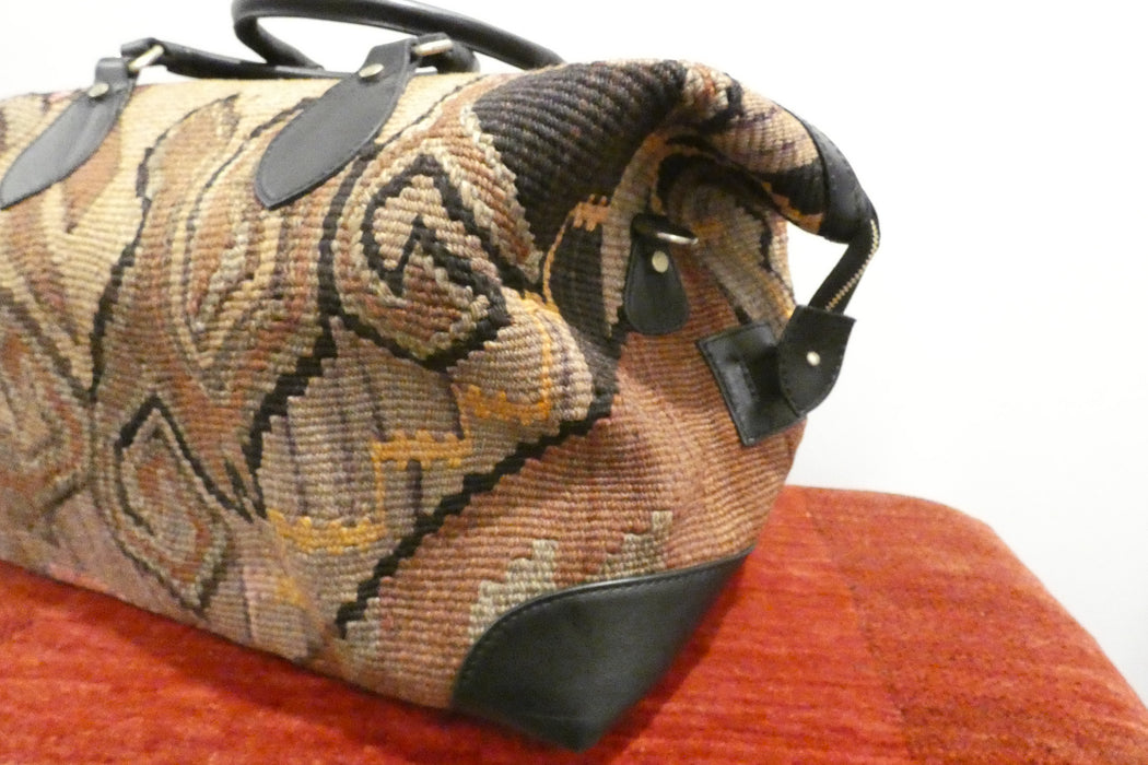 One-of-a-Kind Anatolian Kilim Expandable Leather Travel Bag "Mirza"- Rugs Direct 