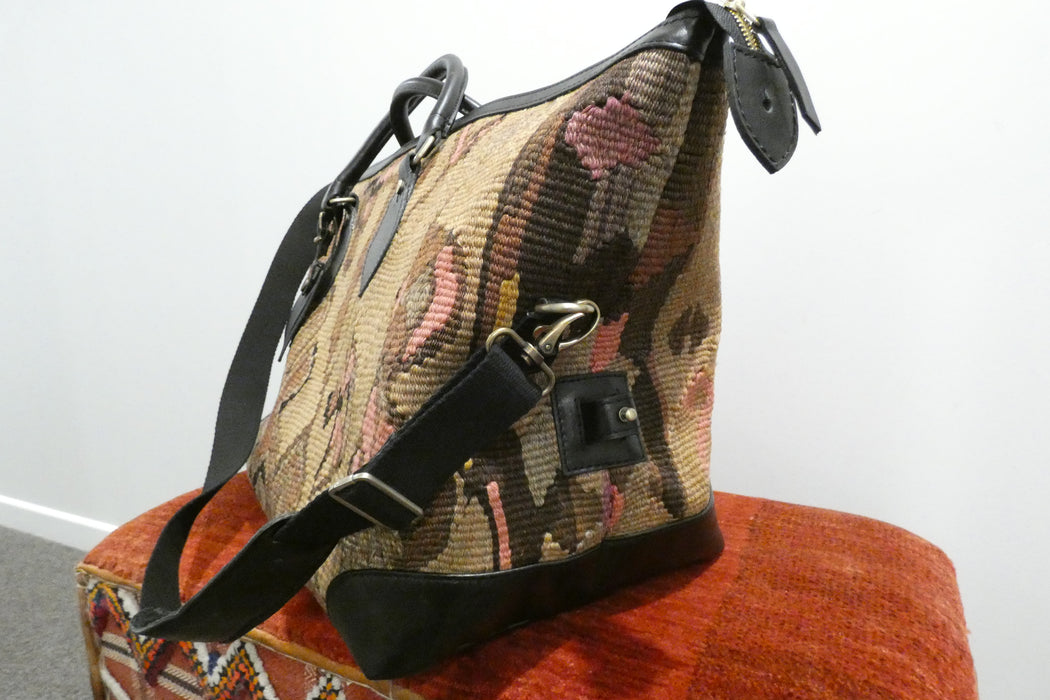 One-of-a-Kind Anatolian Kilim Expandable Leather Travel Bag "Mirza"- Rugs Direct 
