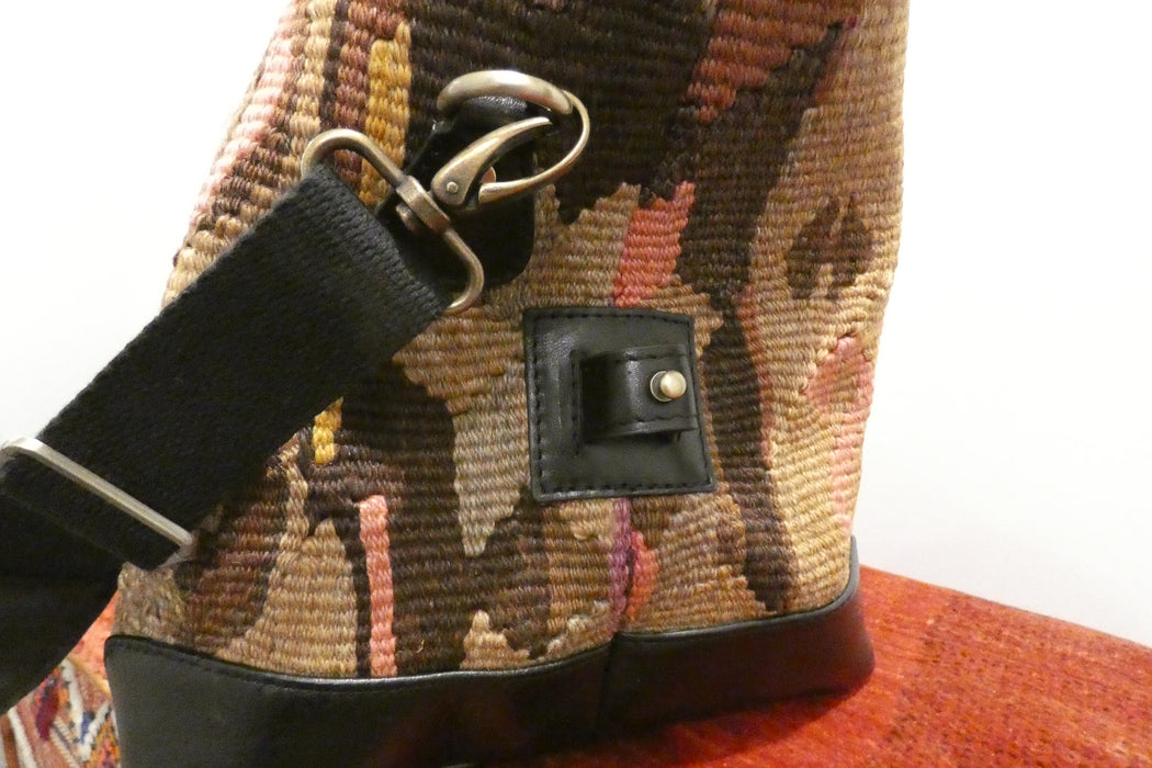 One-of-a-Kind Anatolian Kilim Expandable Leather Travel Bag "Mirza"- Rugs Direct 
