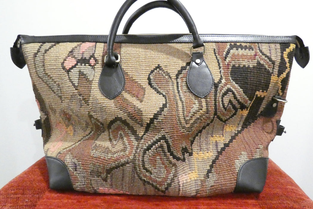 One-of-a-Kind Anatolian Kilim Expandable Leather Travel Bag "Mirza"- Rugs Direct 
