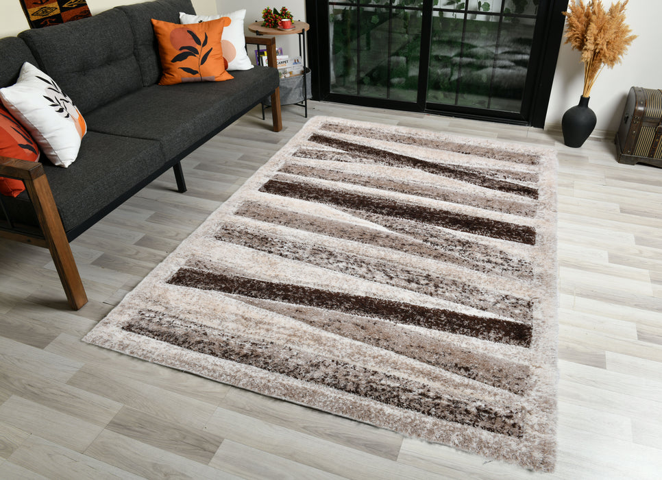 Modern Striped Shaggy Beige & Chocolate California Rug - Rugs Direct