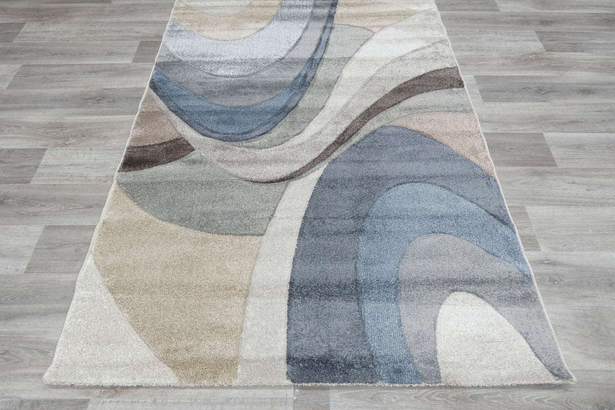 Kimya Collection Abstract Wave Pattern Rug in Blue and Neutral Tones ...
