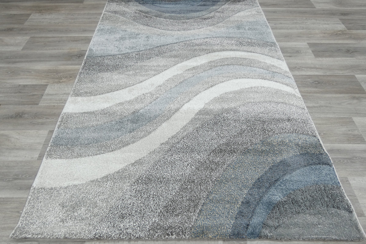Kimya Collection Curved Wave Design Rug in Muted Blues and Grays – Sof ...