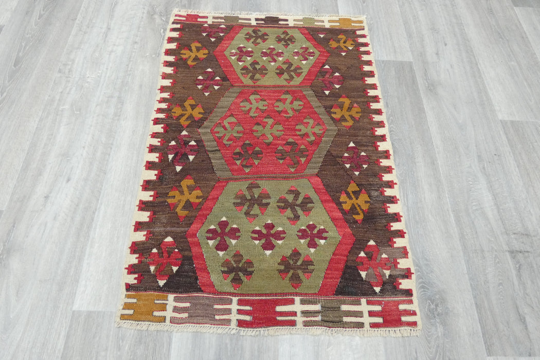 Authentic Turkish Kilim Rug 90 x 60cm | Geometric Anatolian Wool Flatweave- Rugs Direct 