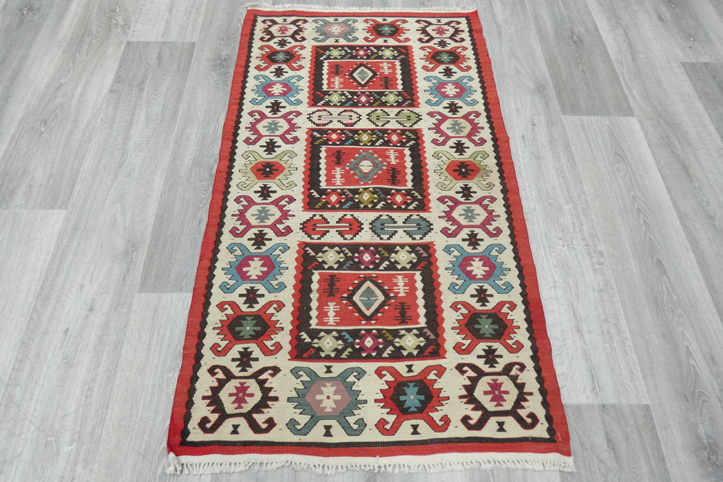 Turkish Kilim Rug 125 x 70cm | Ivory Border Anatolian Design- Rugs Direct 