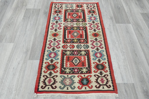 Turkish Kilim Rug 125 x 70cm | Ivory Border Anatolian Design- Rugs Direct 