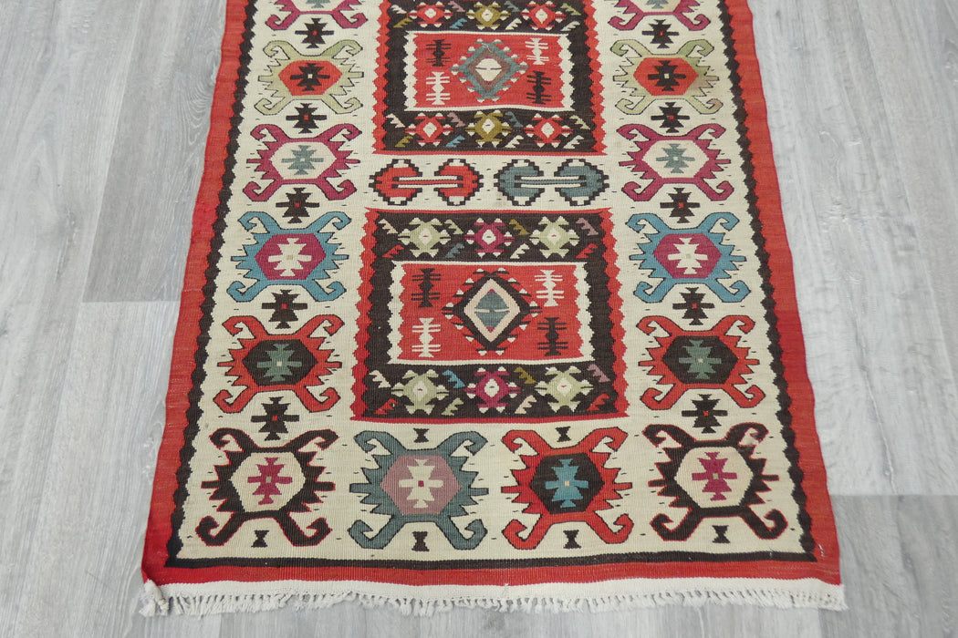 Turkish Kilim Rug 125 x 70cm | Ivory Border Anatolian Design- Rugs Direct 