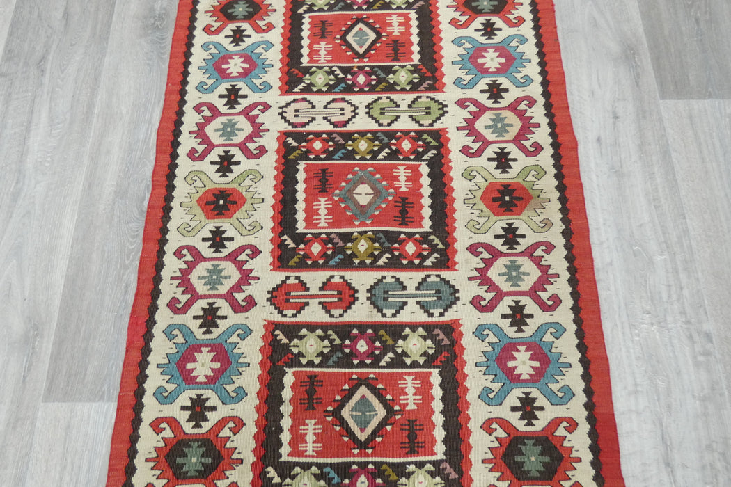 Turkish Kilim Rug 125 x 70cm | Ivory Border Anatolian Design- Rugs Direct 