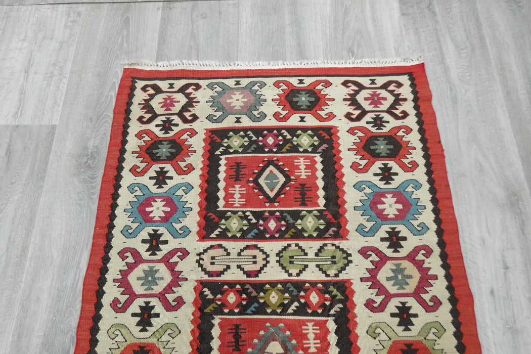 Turkish Kilim Rug 125 x 70cm | Ivory Border Anatolian Design- Rugs Direct 