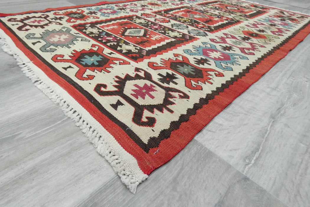 Turkish Kilim Rug 125 x 70cm | Ivory Border Anatolian Design- Rugs Direct 