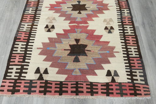 Vintage Handmade Turkish Kilim Rug 140 x 100cm | Blush Pink Geometric Wool Flatweave Area Rug | One of a Kind- Rugs Direct 