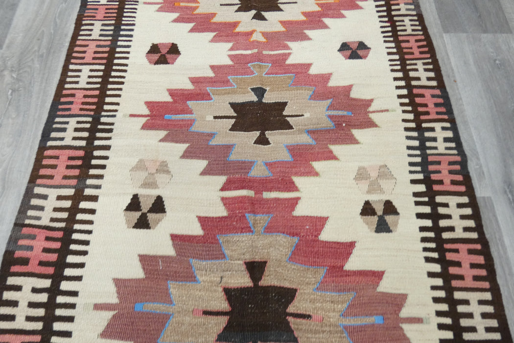 Vintage Handmade Turkish Kilim Rug 140 x 100cm | Blush Pink Geometric Wool Flatweave Area Rug | One of a Kind- Rugs Direct 