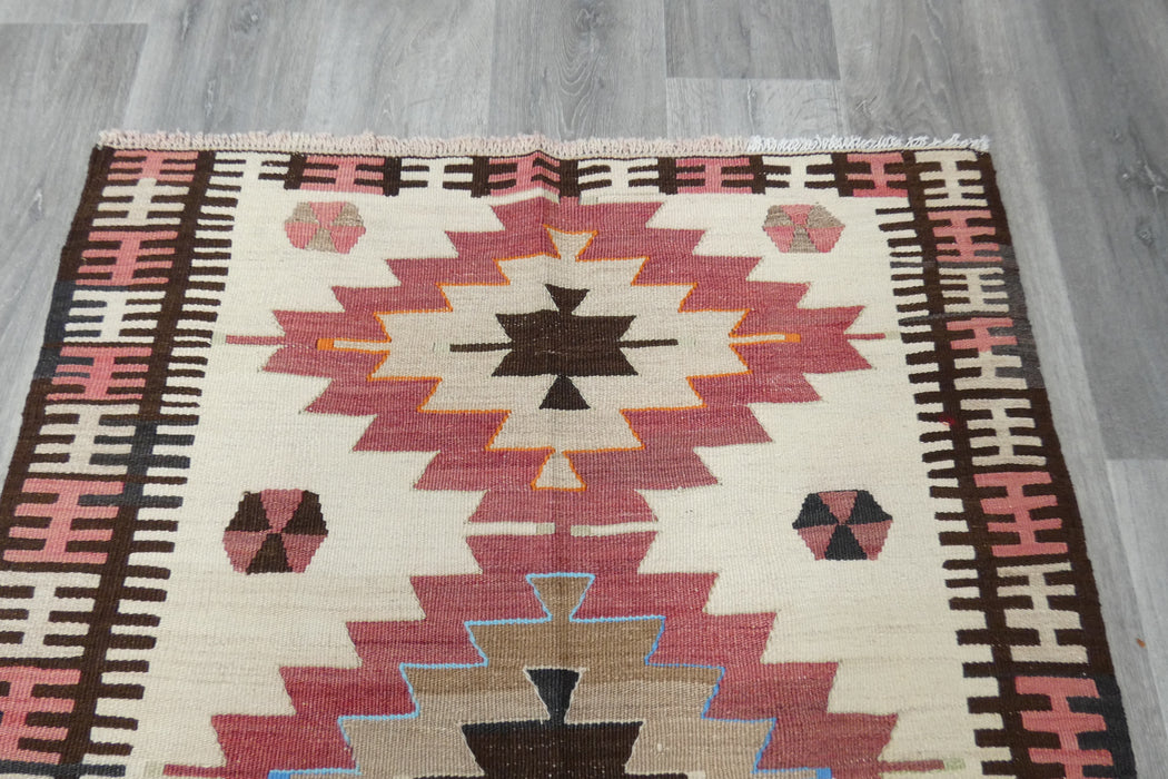 Vintage Handmade Turkish Kilim Rug 140 x 100cm | Blush Pink Geometric Wool Flatweave Area Rug | One of a Kind- Rugs Direct 