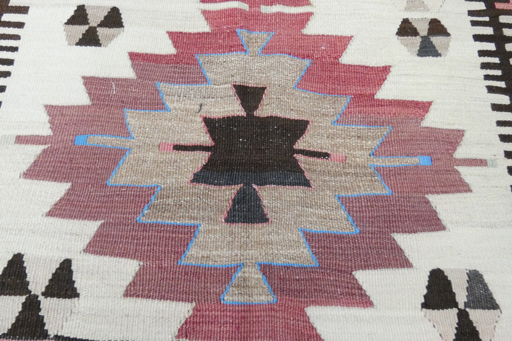 Vintage Handmade Turkish Kilim Rug 140 x 100cm | Blush Pink Geometric Wool Flatweave Area Rug | One of a Kind- Rugs Direct 