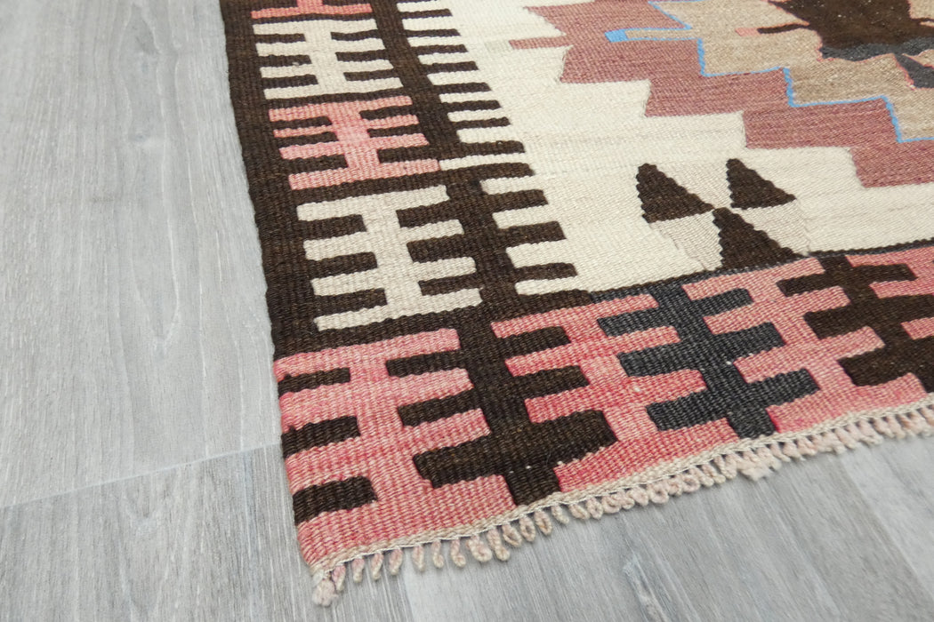 Vintage Handmade Turkish Kilim Rug 140 x 100cm | Blush Pink Geometric Wool Flatweave Area Rug | One of a Kind- Rugs Direct 