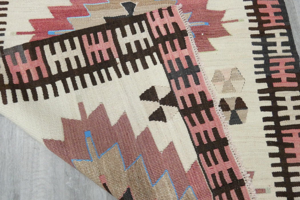 Vintage Handmade Turkish Kilim Rug 140 x 100cm | Blush Pink Geometric Wool Flatweave Area Rug | One of a Kind- Rugs Direct 