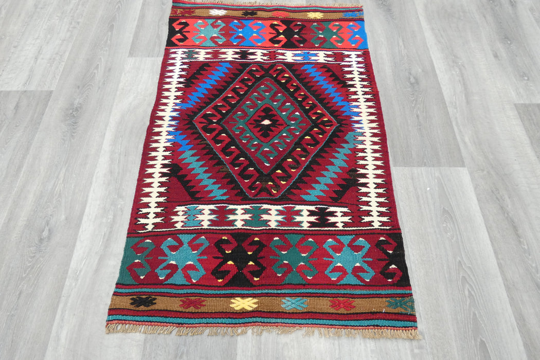 Vintage Handmade Turkish Kilim Rug 106 x 70cm | Colourful Geometric Tribal Wool Flatweave Rug | One of a Kind- Rugs Direct 