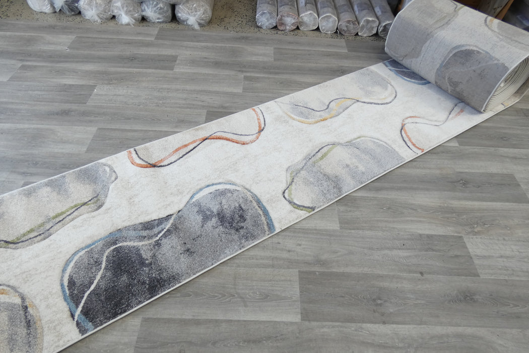 Retro Distressed Abstract Stone Shapes Aroha Runner 80cm Wide x Cut to Order- Rugs Direct 