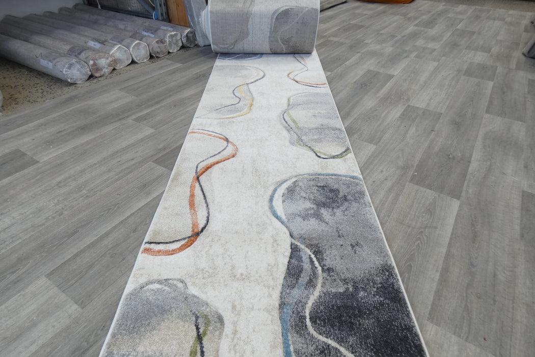 Retro Distressed Abstract Stone Shapes Aroha Runner 80cm Wide x Cut to Order- Rugs Direct 