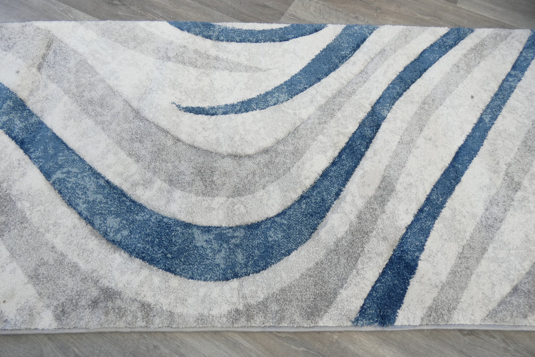Abstract Metro Graphic Wave Blue & Grey Aroha Runner 80cm Wide x Cut to Order- Rugs Direct 