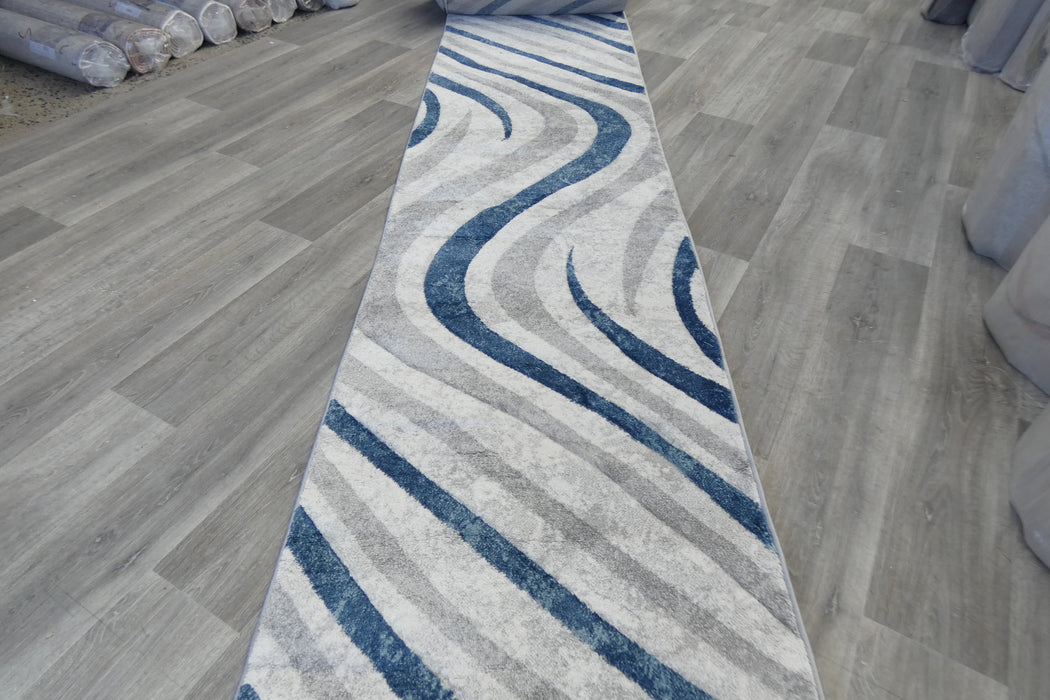Abstract Metro Graphic Wave Blue & Grey Aroha Runner 80cm Wide x Cut to Order- Rugs Direct 