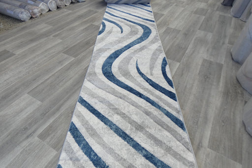 Abstract Metro Graphic Wave Blue & Grey Aroha Runner 80cm Wide x Cut to Order- Rugs Direct 